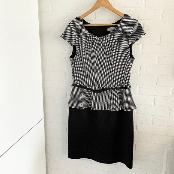 Vintage Laura Peplum dress Polka dot Belted Round neck Black White Pleated Sz 14 - Picture 1 of 11